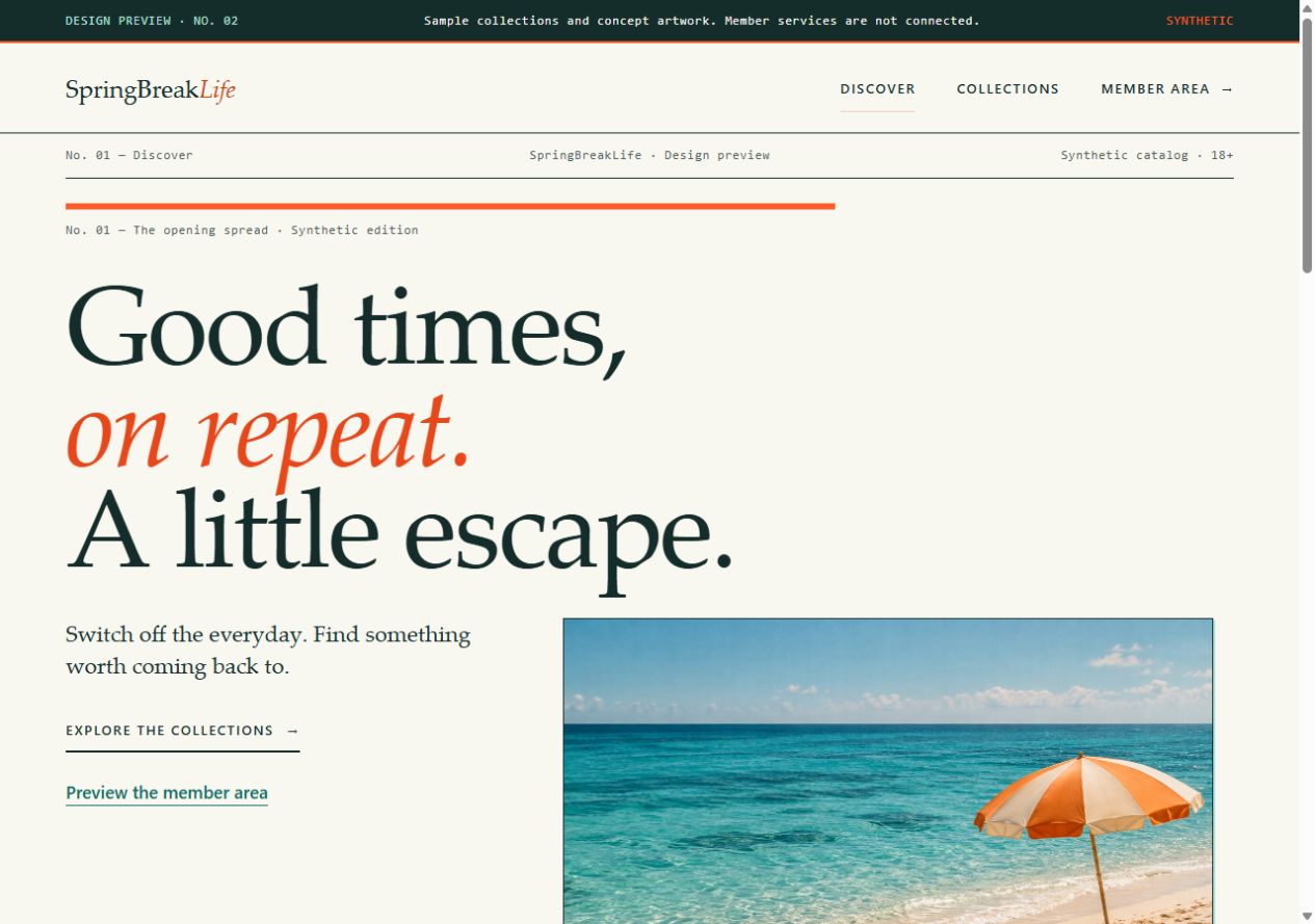SpringBreakLife work-in-progress homepage with warm paper tones, large serif headings, orange accents and decorative beach artwork.